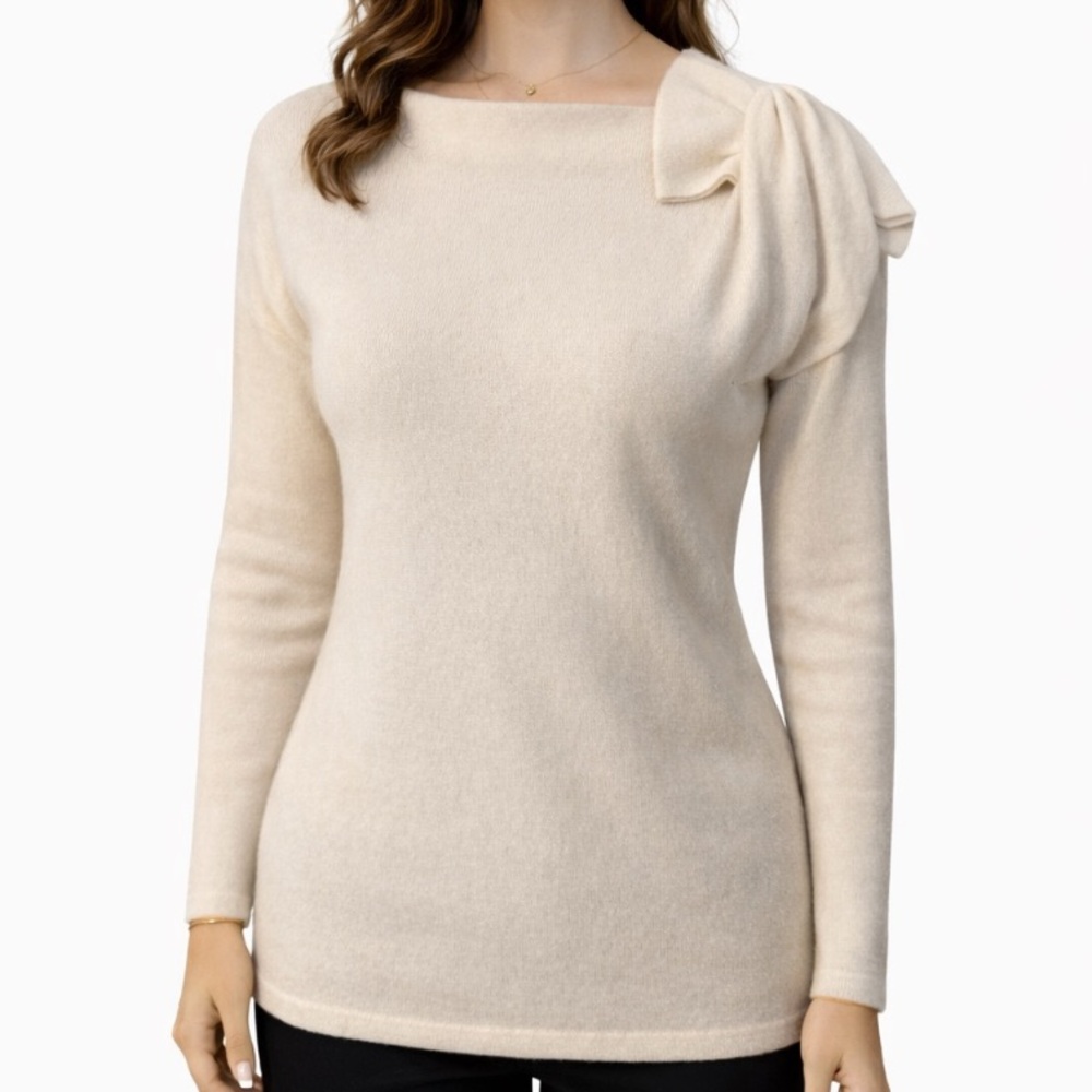 Saks Cashmere Sweater XS Extra Small Cream Bow 3/4 Long Sleeve